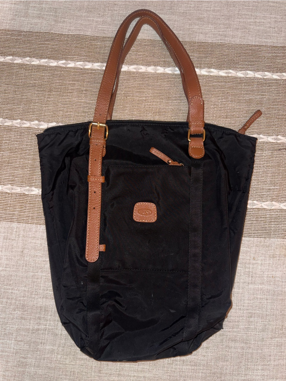 Bric's Black Nylon Tote with Brown Leather Trim